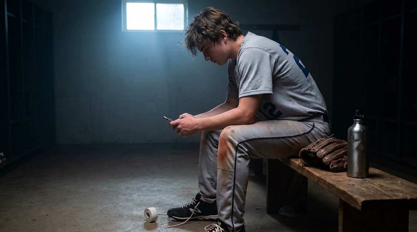 A young athlete sitting on a locker room bench reading their phone before practice