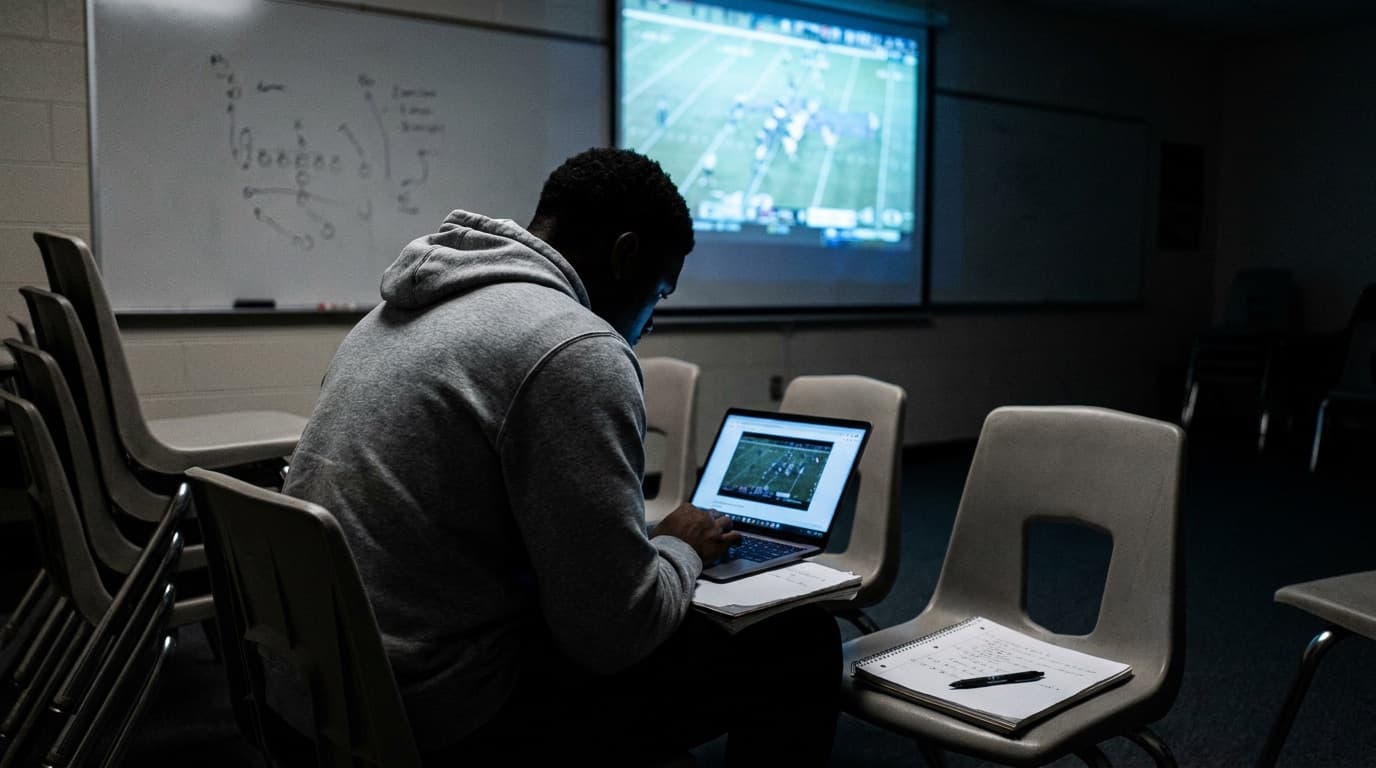 A high school football player alone in a dark film room studying game film on a laptop