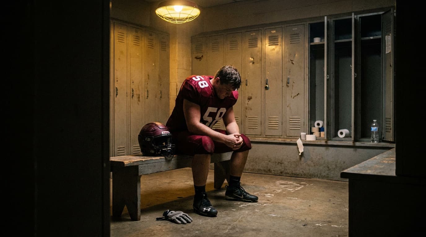 A high school football player sitting in a dim locker room with his head down and hands clasped before a game