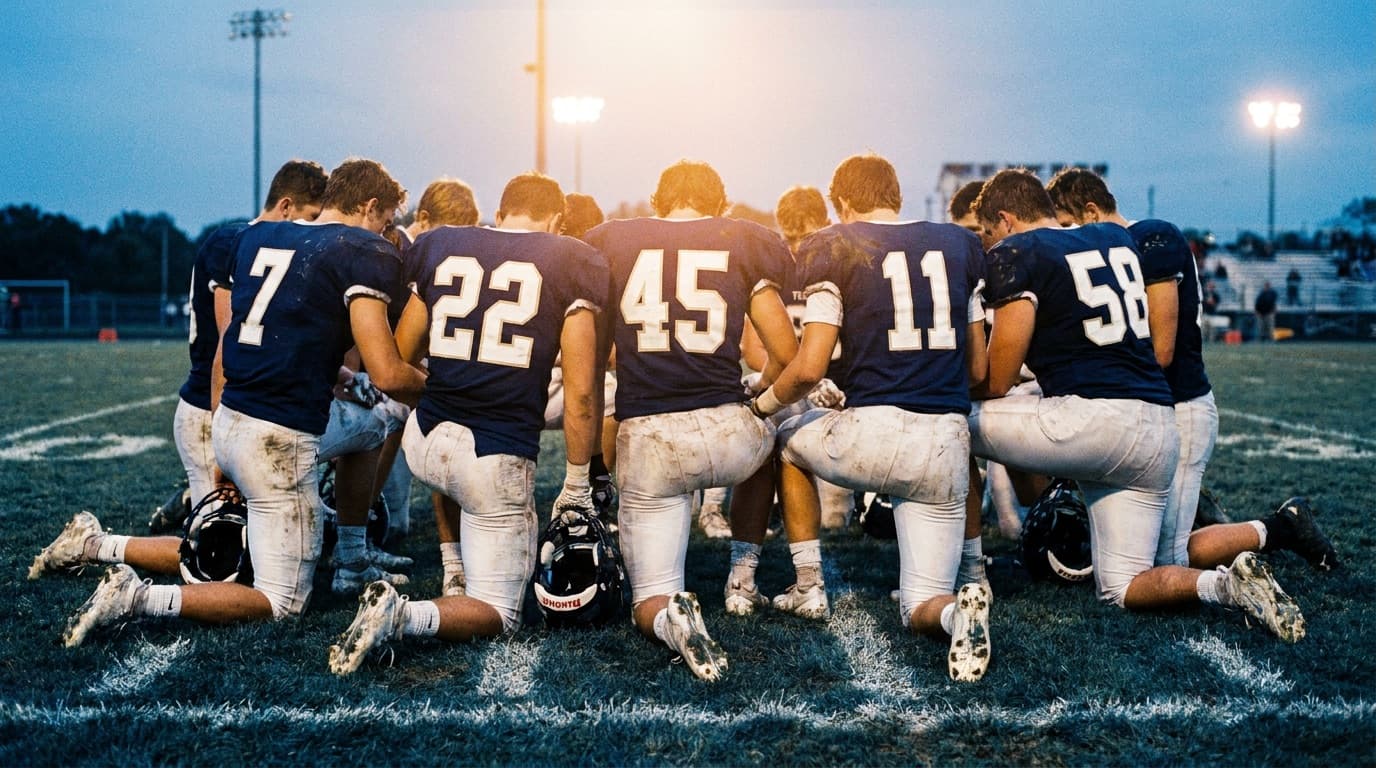 A high school football team kneeling in a huddle with heads bowed before kickoff